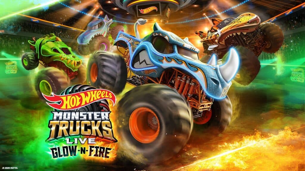 A vibrant scene of Hot Wheels Monster Trucks performing in a glow-in-the-dark setting at an event.