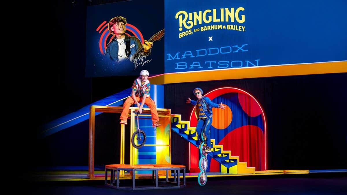 Promotional poster for Ringling Bros B&B: The Greatest Show on Earth featuring vibrant circus imagery, showcasing acrobats and colorful characters.
