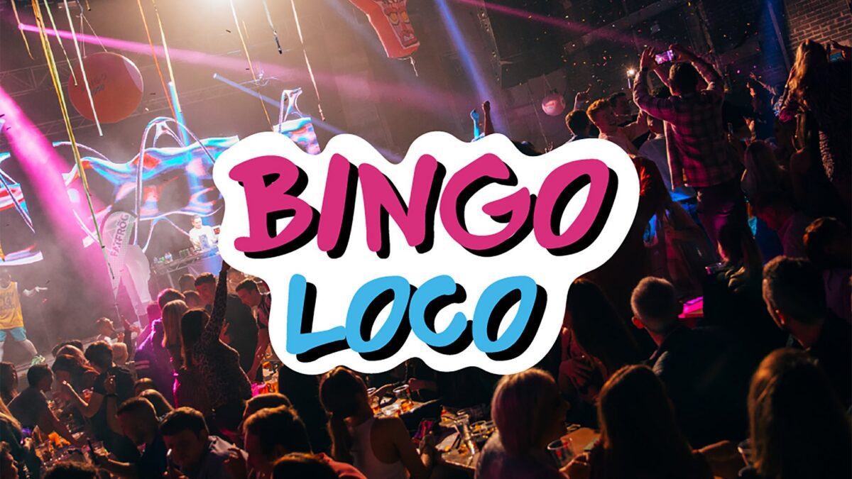 A vibrant poster for Bingo Loco featuring colorful bingo balls and musical notes, promoting the event at Uptown Theater on August 22.